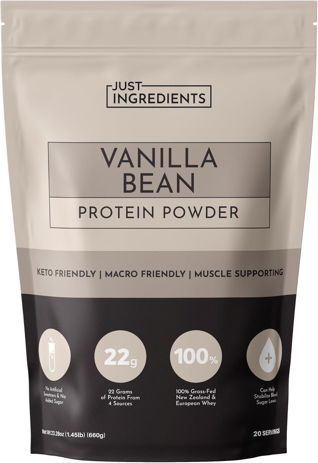 JUST INGREDIENTS Vanilla Bean Protein Powder – 20-Serving Blend with 100%