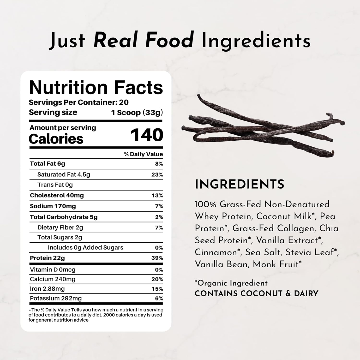 JUST INGREDIENTS Vanilla Bean Protein Powder – 20-Serving Blend with 100% - View 2