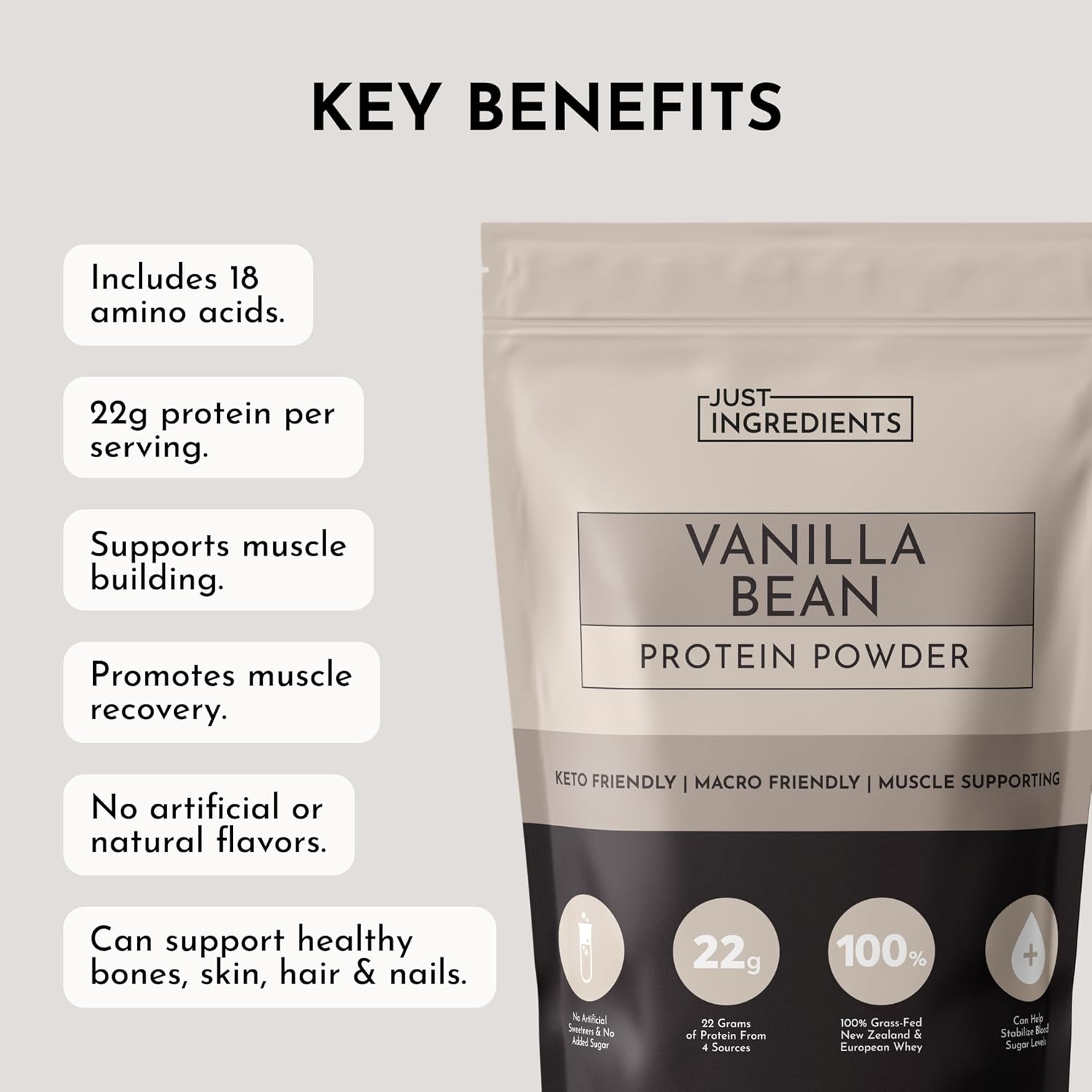 JUST INGREDIENTS Vanilla Bean Protein Powder – 20-Serving Blend with 100% - View 3