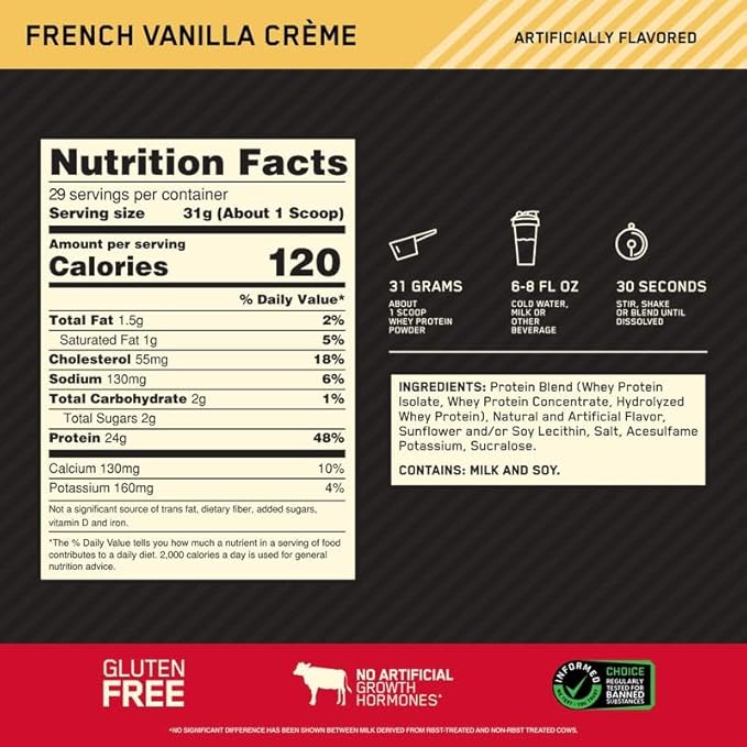 Optimum Nutrition Gold Standard 100% Whey Protein Powder, French Vanilla Creme, - View 3