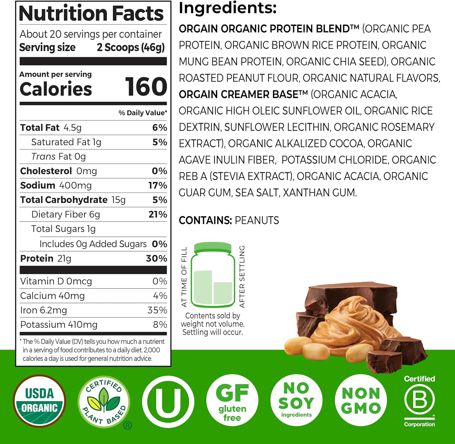 Orgain Organic Vegan Protein Powder, Chocolate Peanut Butter - 21g Plant - View 2