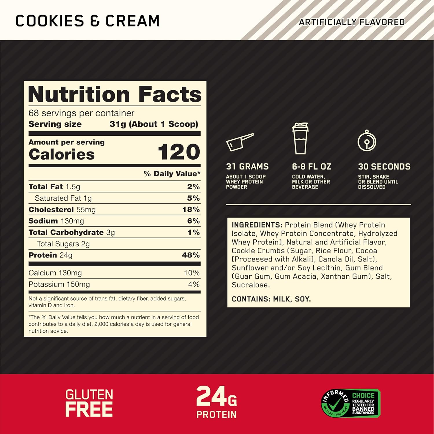 Optimum Nutrition Gold Standard 100% Whey Protein Powder, Cookies & Cream, 5 - View 3