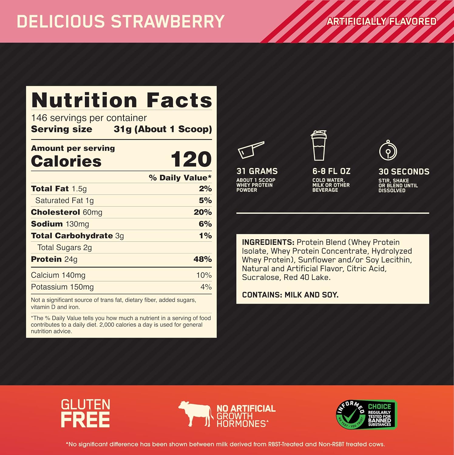 Optimum Nutrition Gold Standard 100% Whey Protein Powder, Delicious Strawberry, - View 3