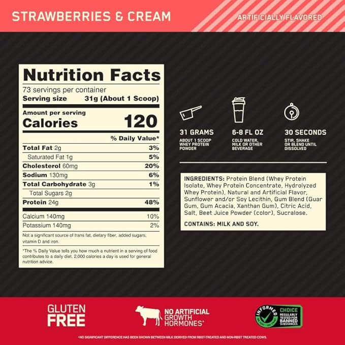 Optimum Nutrition Gold Standard 100% Whey Protein Powder, Strawberries & Cream, - View 3