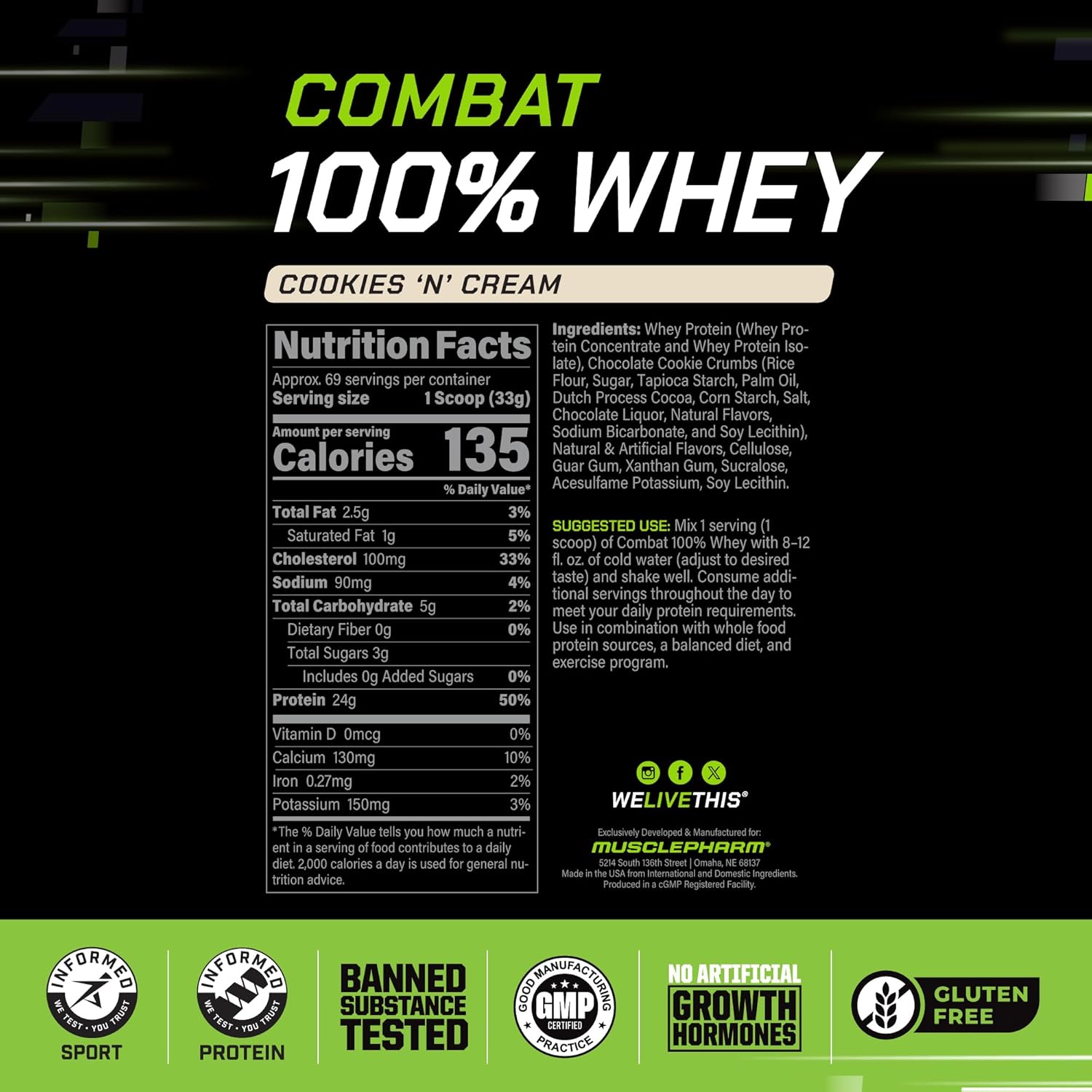 MusclePharm Combat 100% Whey Protein Powder, Cookies ‘N’ Cream Flavor, Fast - View 3