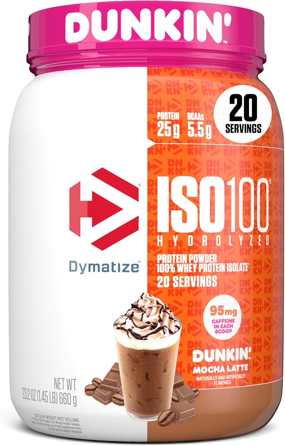 Dymatize x Dunkin' Mocha Latte ISO100 Whey Protein Powder, 95mg Caffeine, 25g