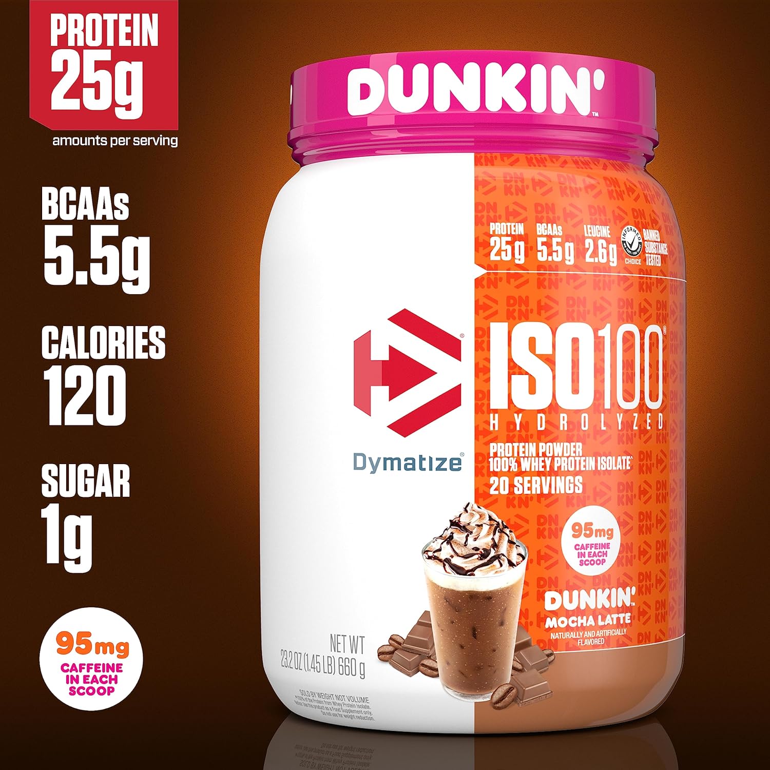 Dymatize x Dunkin' Mocha Latte ISO100 Whey Protein Powder, 95mg Caffeine, 25g - View 3