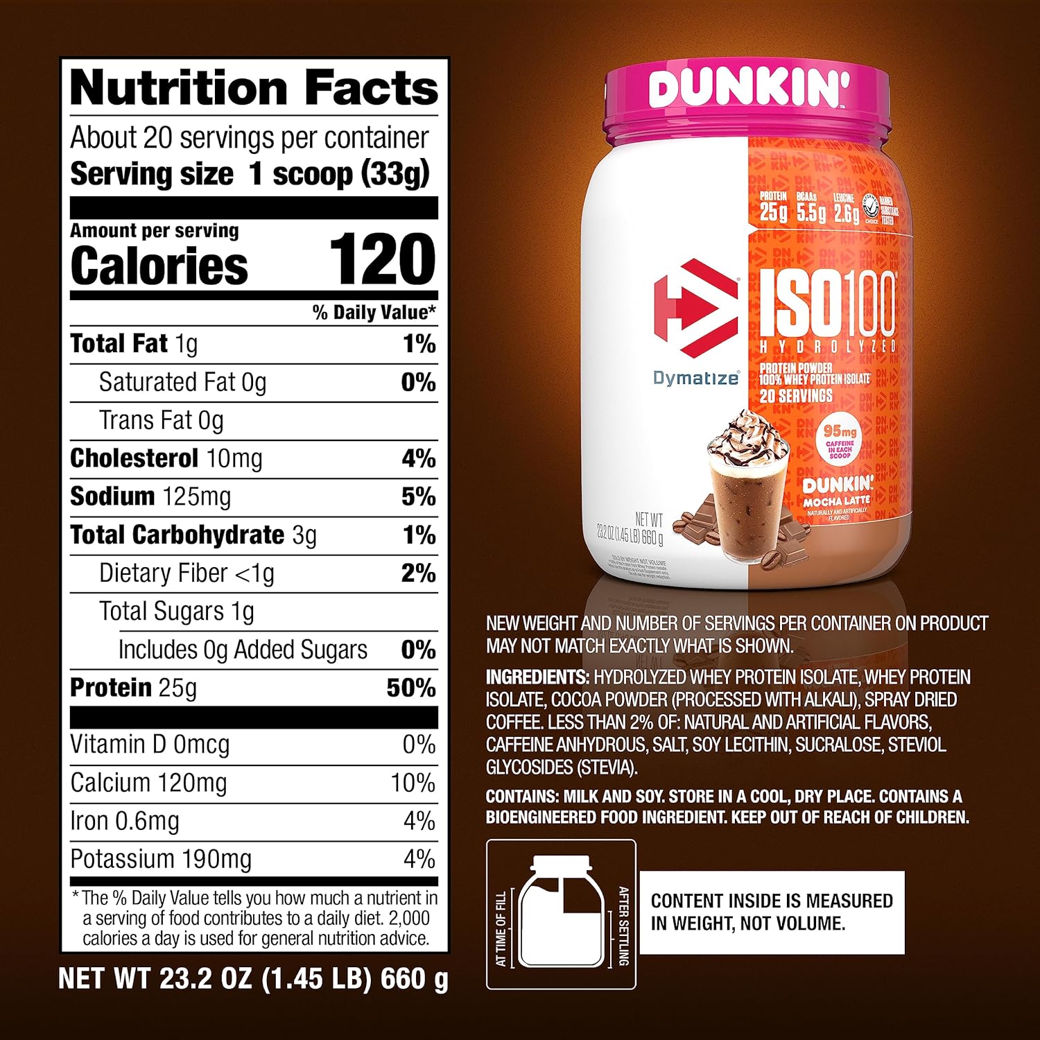 Dymatize x Dunkin' Mocha Latte ISO100 Whey Protein Powder, 95mg Caffeine, 25g - View 5