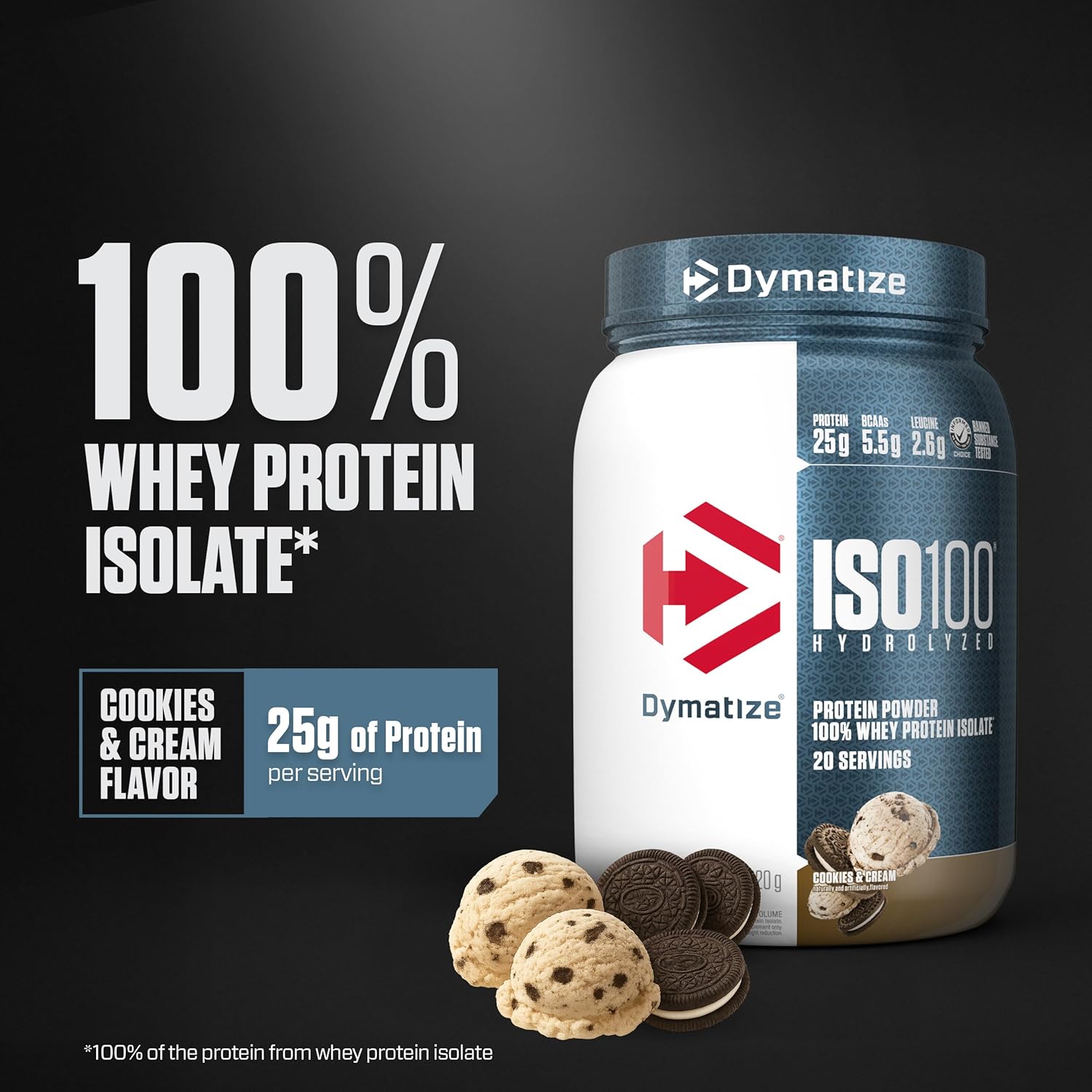 Dymatize ISO100 Whey Protein Powder Isolate, Cookies & Cream, 25g of Protein, - View 2