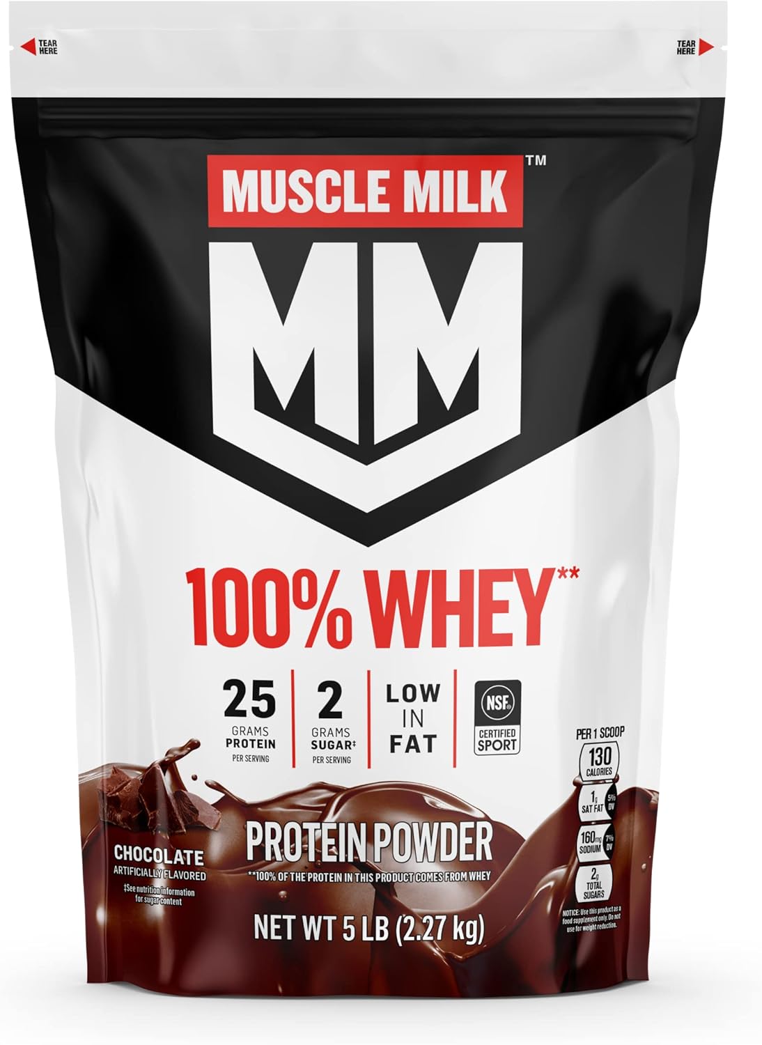 Muscle Milk 100% Whey Protein Powder, Chocolate, 5 Pound, 66 Servings, 25g