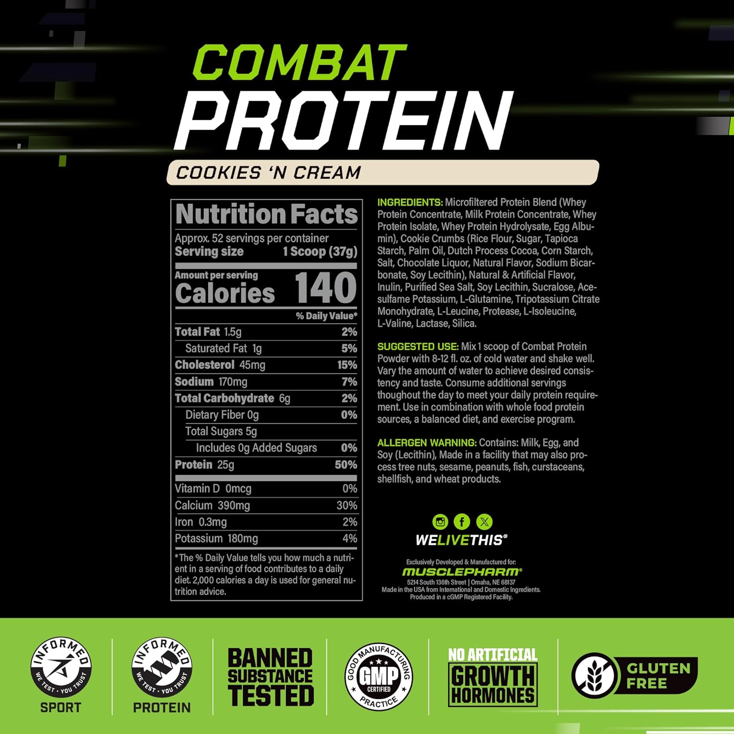 MusclePharm Combat Protein Powder, Cookies ‘N’ Cream Flavor, Fuels Muscles for - View 3