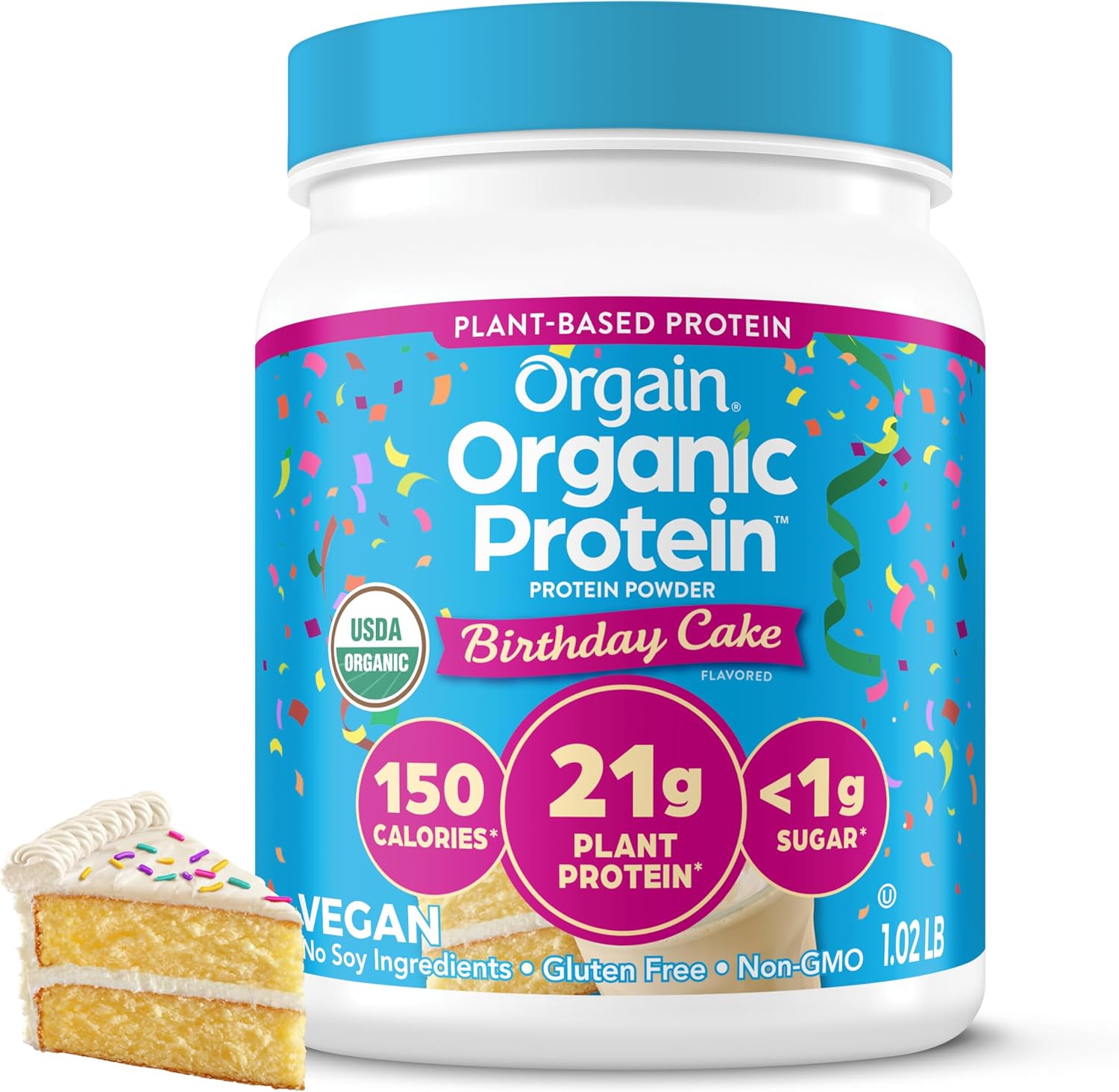 Orgain Organic Vegan Protein Powder, Birthday Cake - 21g Plant Based Protein,