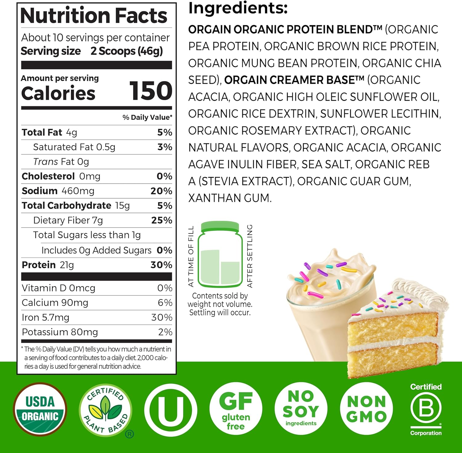 Orgain Organic Vegan Protein Powder, Birthday Cake - 21g Plant Based Protein, - View 2
