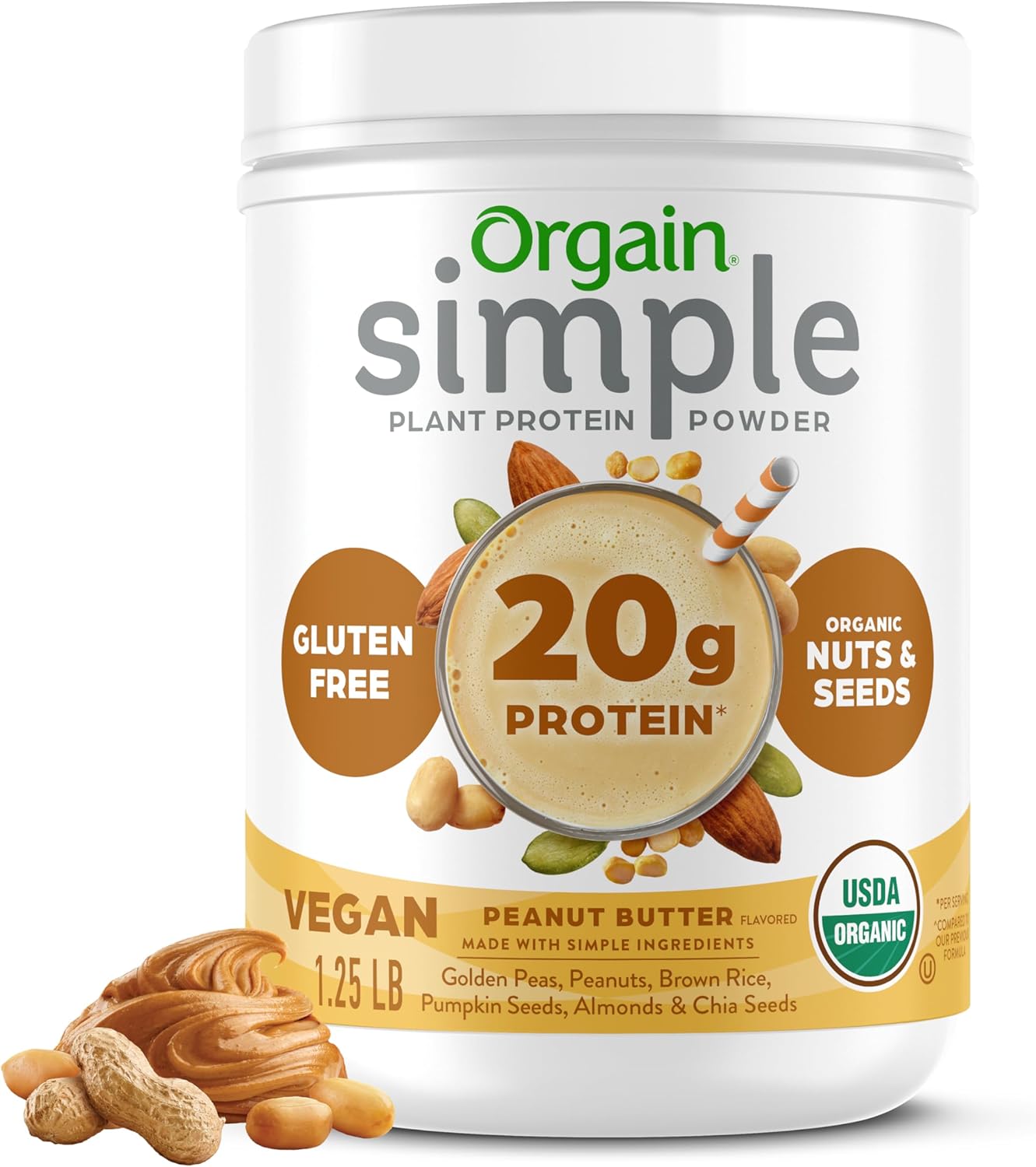 Orgain Organic Simple Vegan Protein Powder, Peanut Butter - 20g Plant Based