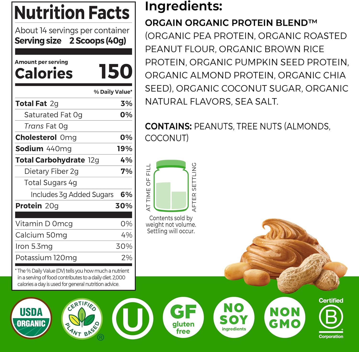 Orgain Organic Simple Vegan Protein Powder, Peanut Butter - 20g Plant Based - View 2