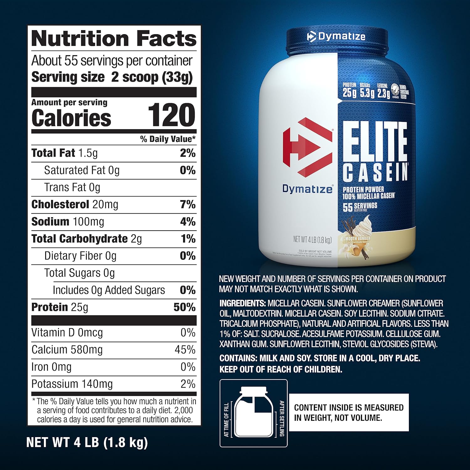 Dymatize Elite Casein Protein Powder, Vanilla, 100% Micellar Casein, 25g - View 5