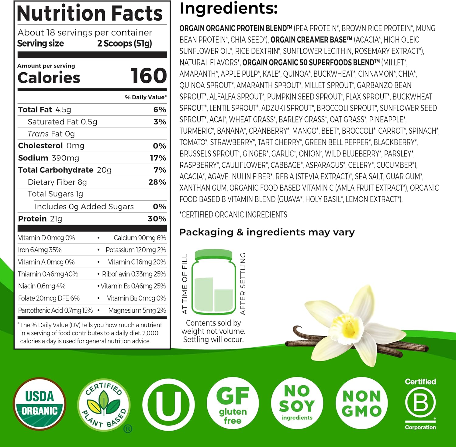 Orgain Organic Vegan Protein + 50 Superfoods Powder, Vanilla Bean - 21g Plant - View 2