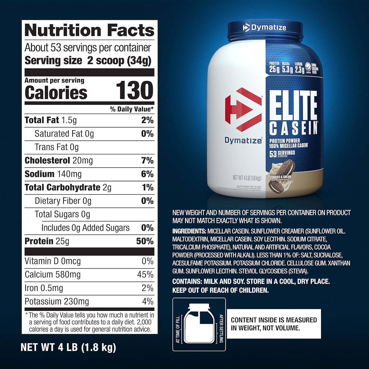 Dymatize Elite Casein Protein Powder, Cookies & Cream, 100% Micellar Casein, - View 4