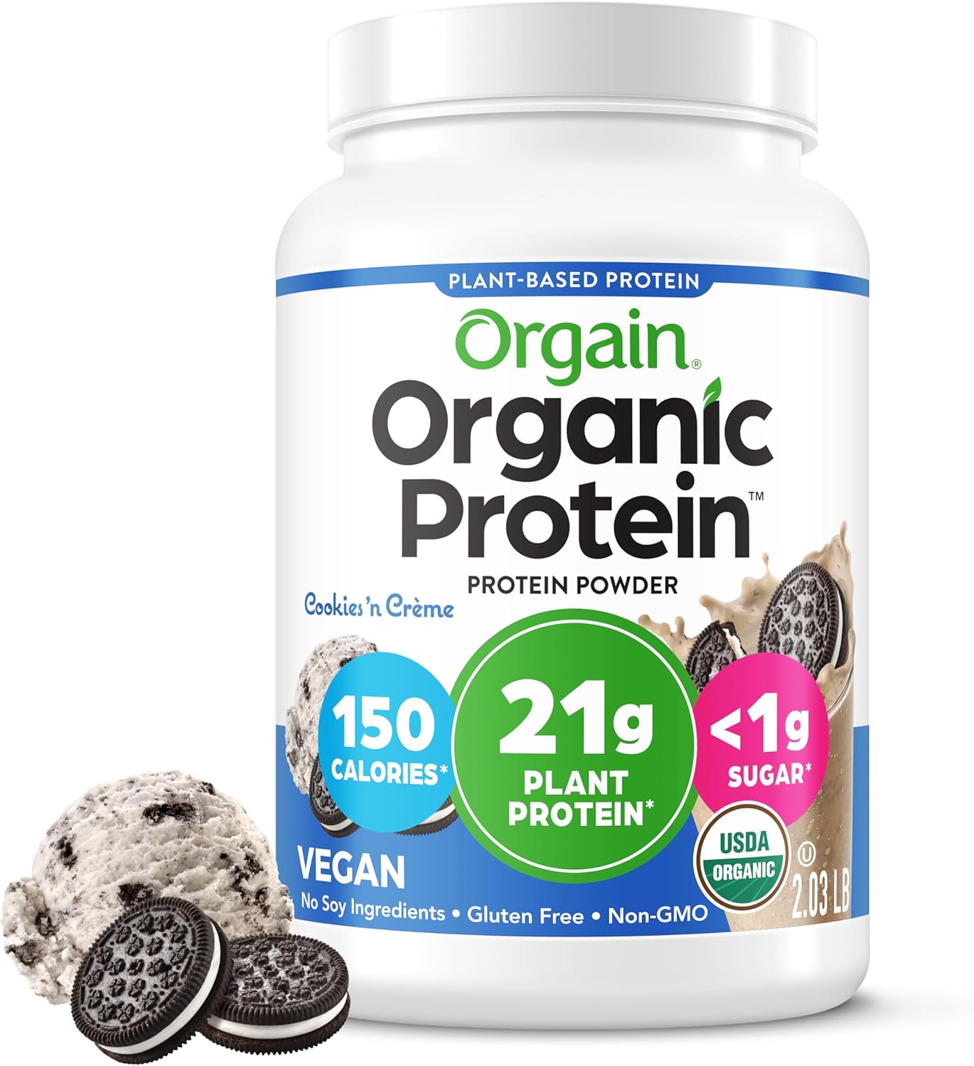 Orgain Organic Vegan Protein Powder, Cookies & Cream - 21g Plant Based Protein,