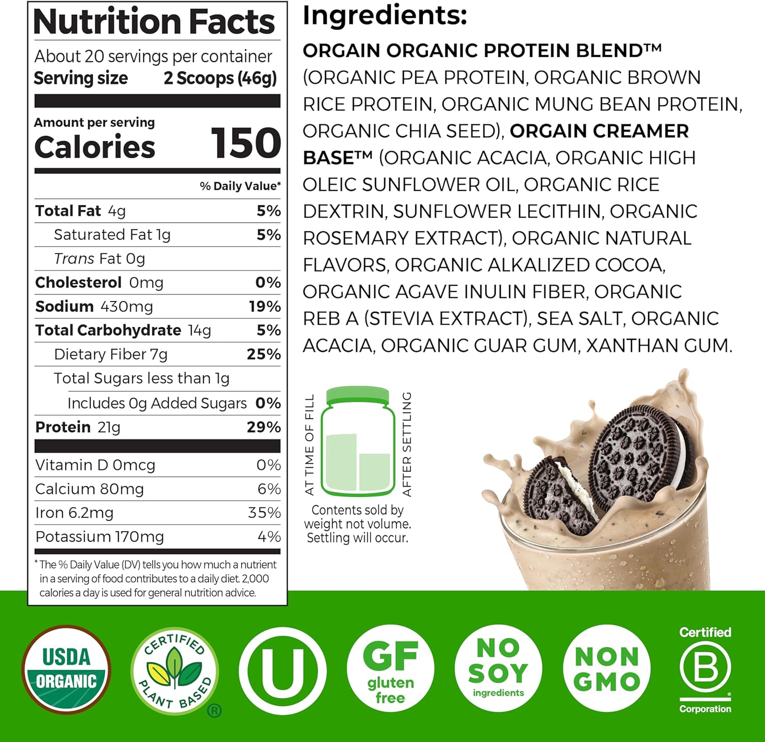 Orgain Organic Vegan Protein Powder, Cookies & Cream - 21g Plant Based Protein, - View 2