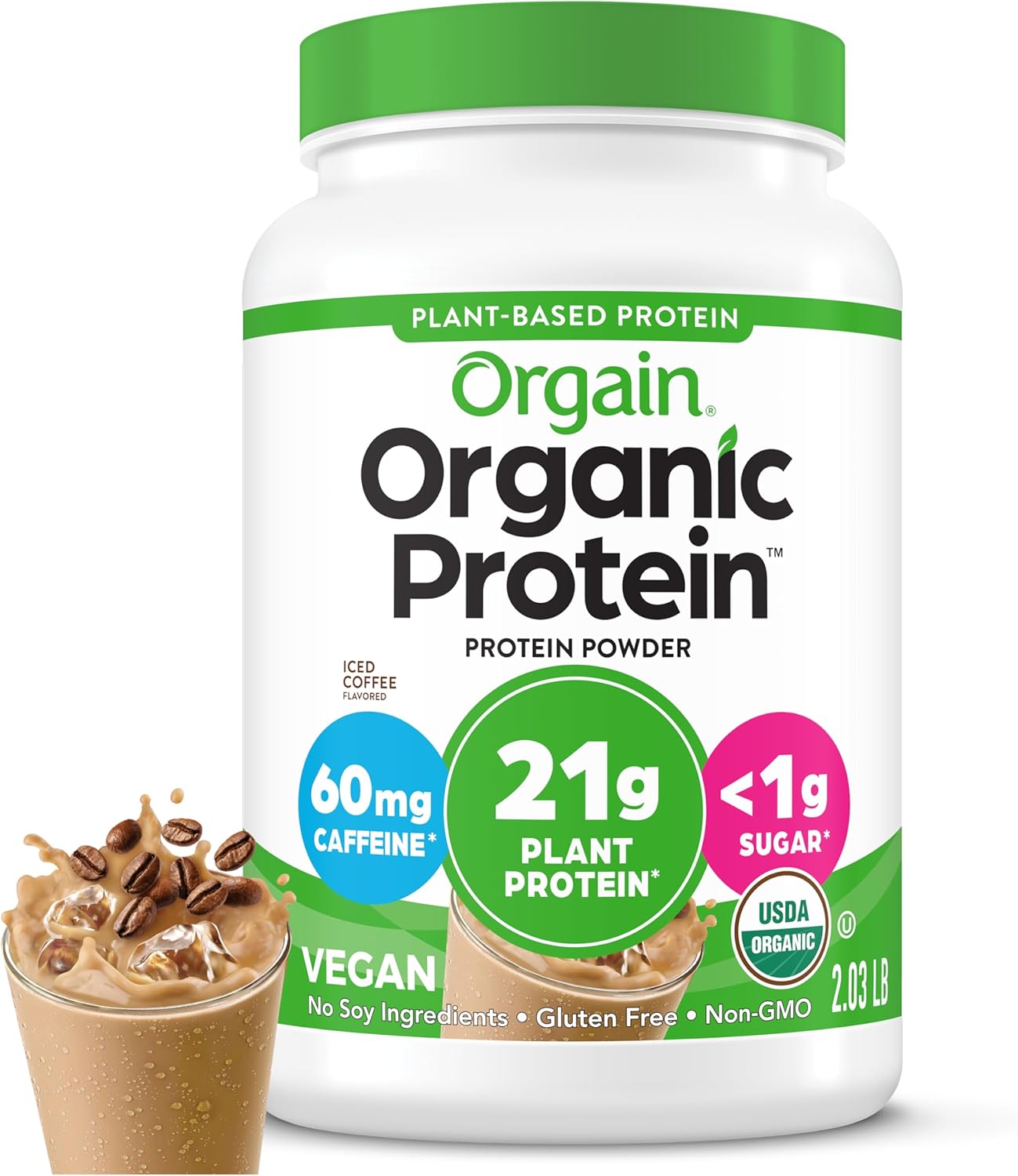 Orgain Organic Vegan Protein Powder, Iced Coffee - 21g Plant Protein, 60mg of