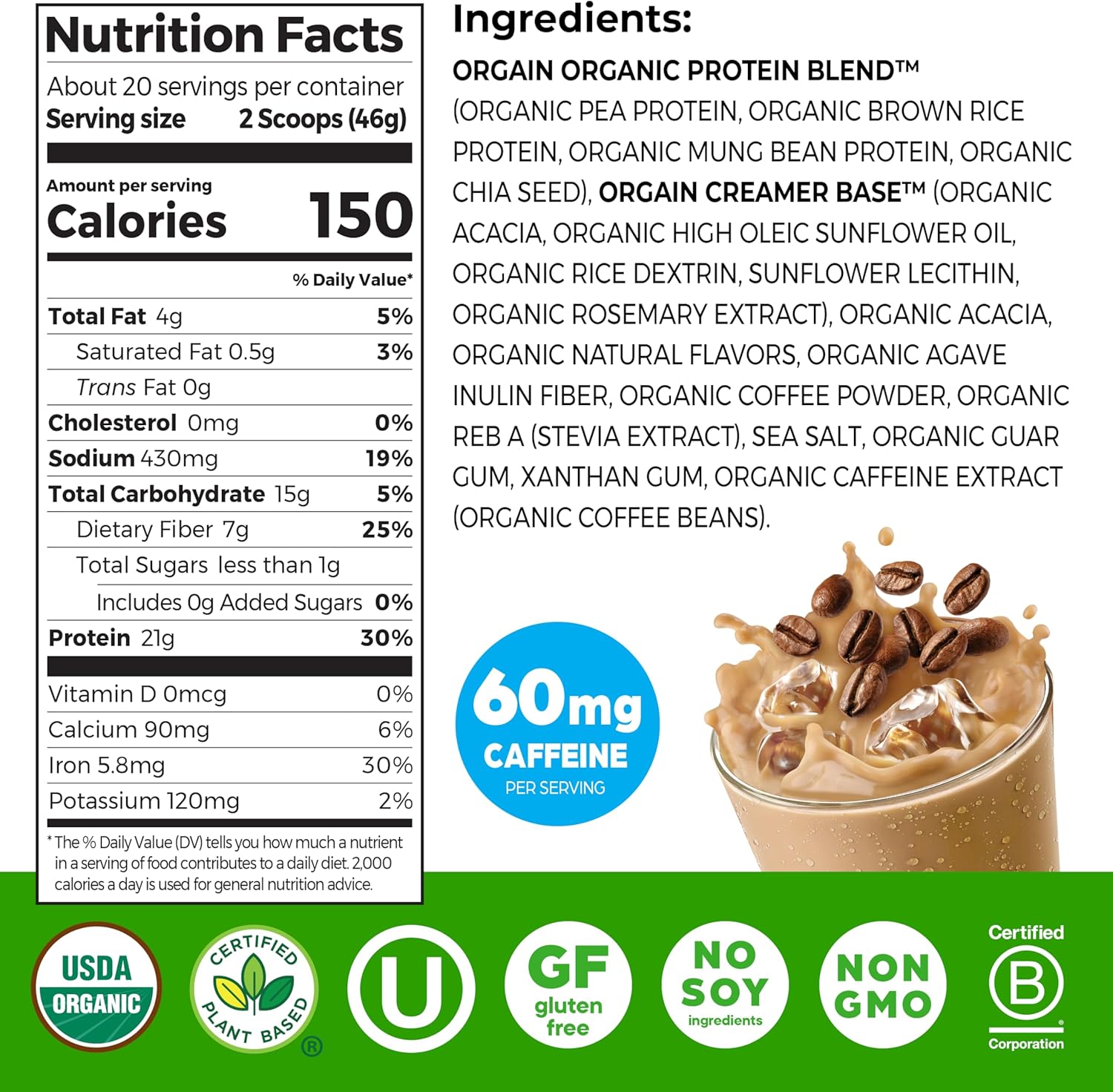Orgain Organic Vegan Protein Powder, Iced Coffee - 21g Plant Protein, 60mg of - View 2