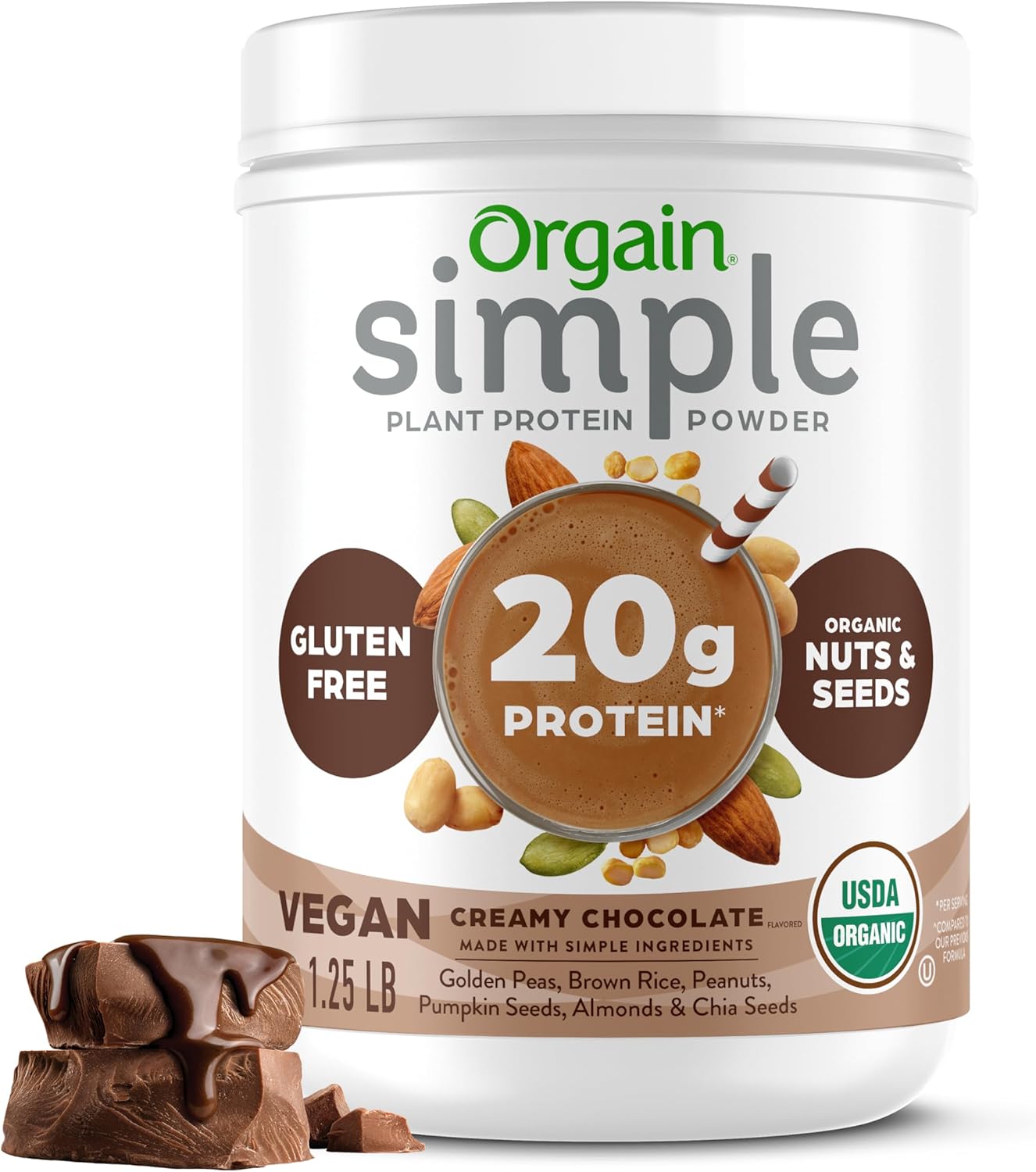 Orgain Organic Simple Vegan Protein Powder, Chocolate - 20g Plant Based
