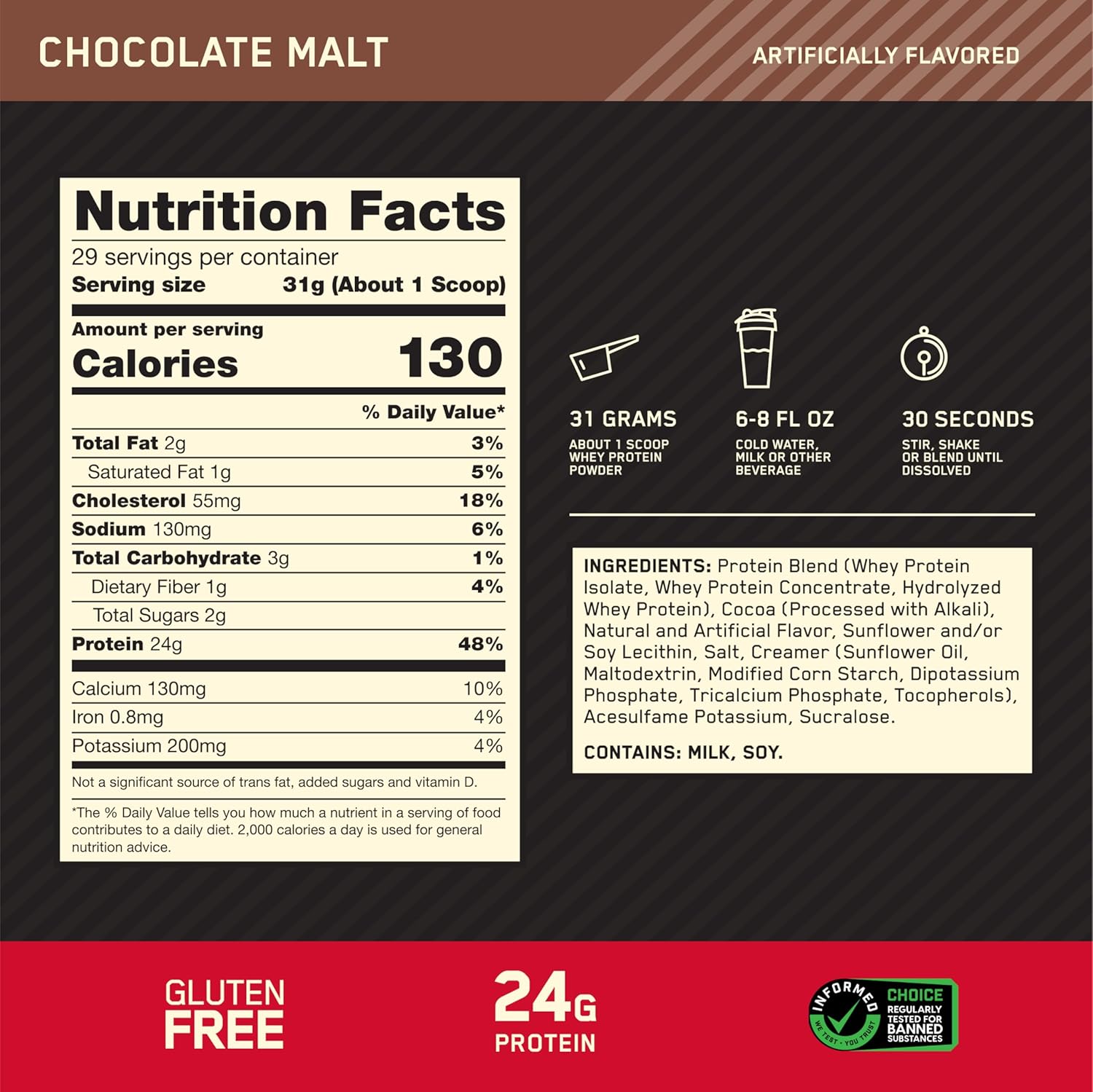 Optimum Nutrition Gold Standard 100% Whey Protein Powder, Chocolate Malt, 2 - View 3