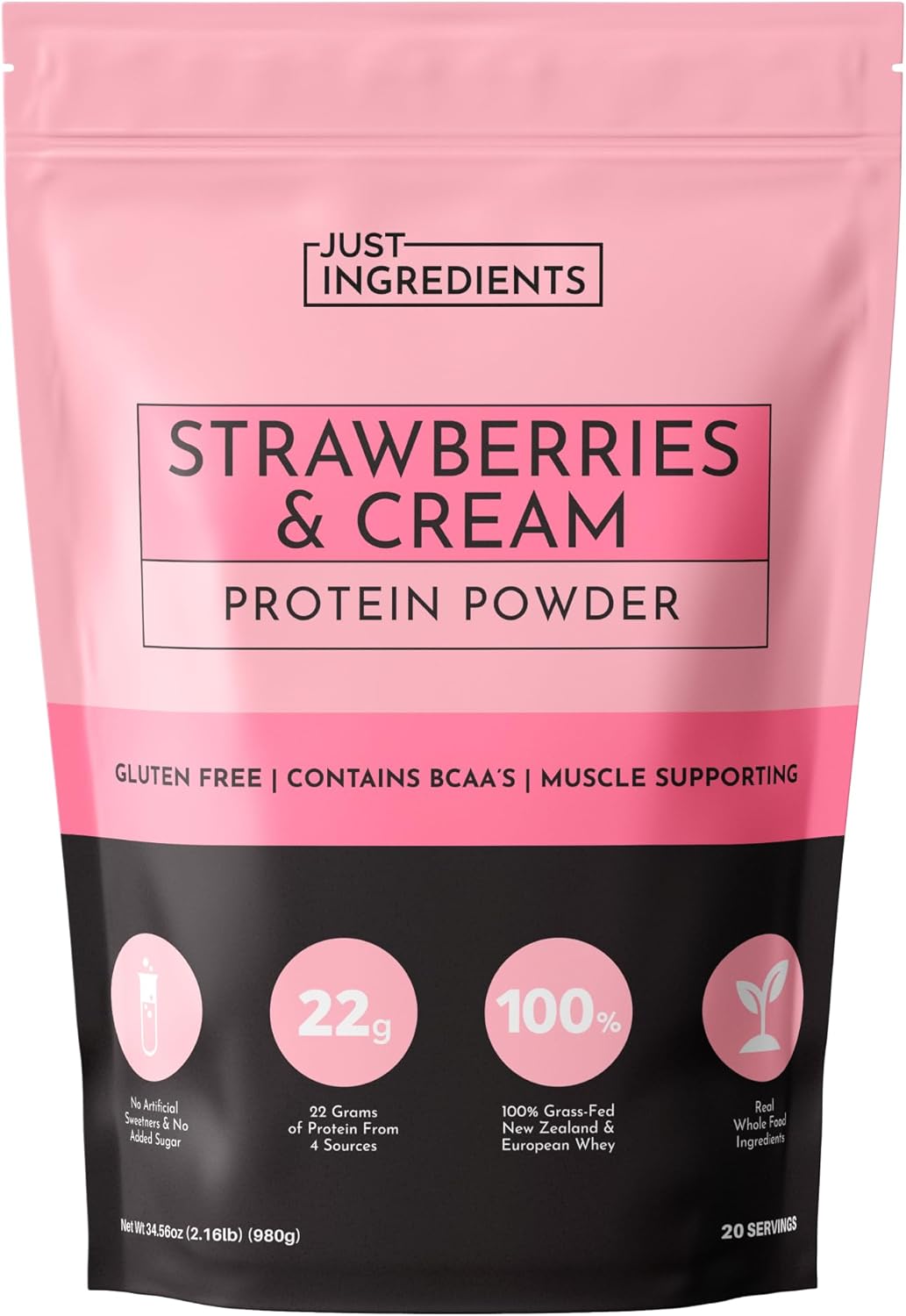 JUST INGREDIENTS Strawberries & Cream Protein Powder – 20-Serving Blend with