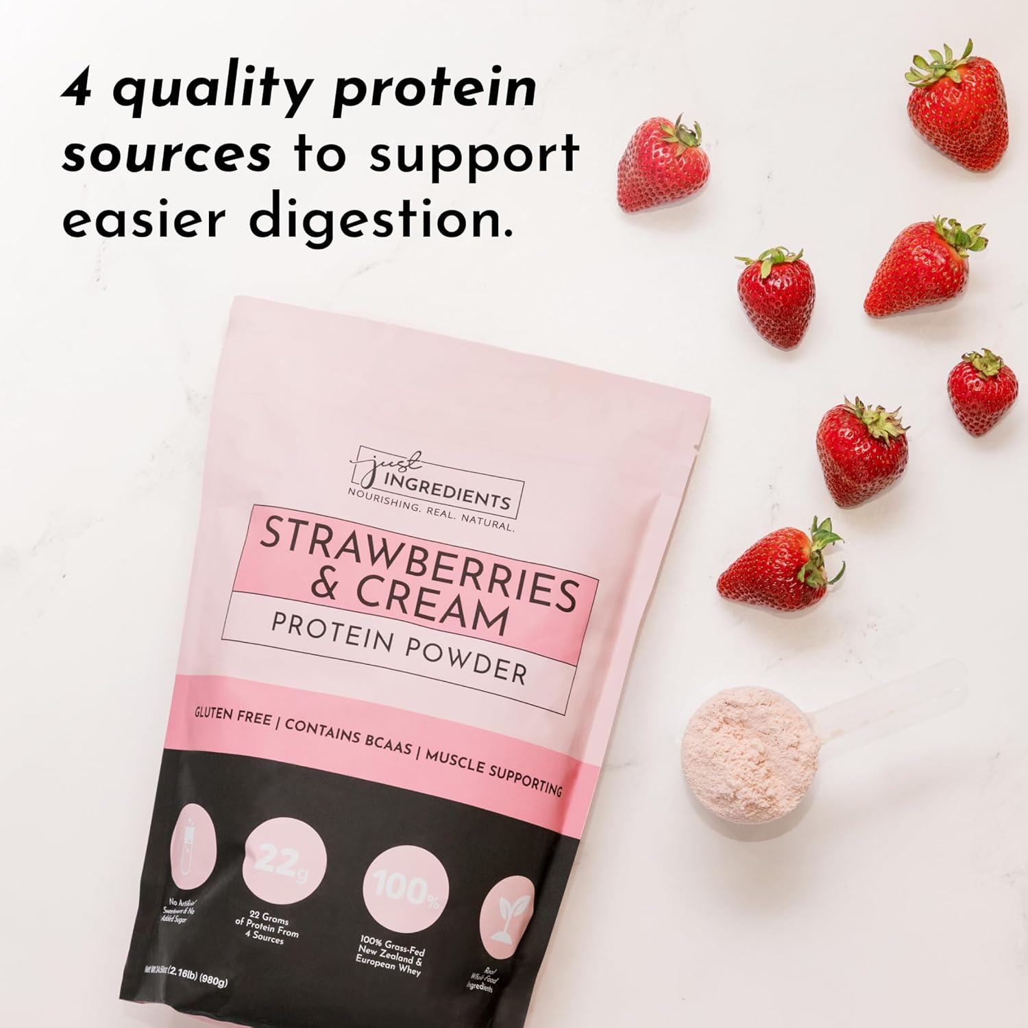 JUST INGREDIENTS Strawberries & Cream Protein Powder – 20-Serving Blend with - View 4