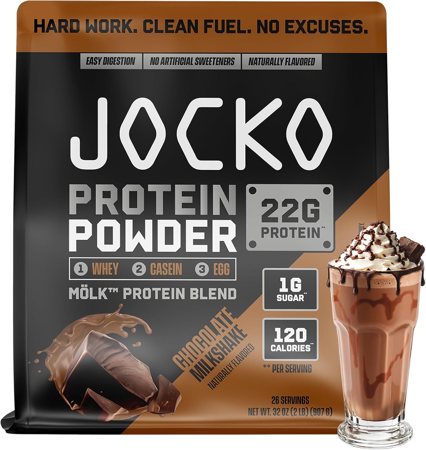 Jocko Fuel Whey Protein Powder, Chocolate Milkshake, 22g Protein, Digestive