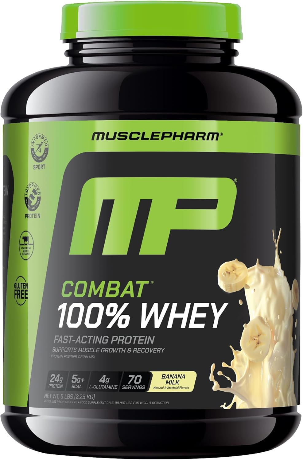 MusclePharm Combat 100% Whey Protein Powder, Banana Milk Flavor, Fast Recovery