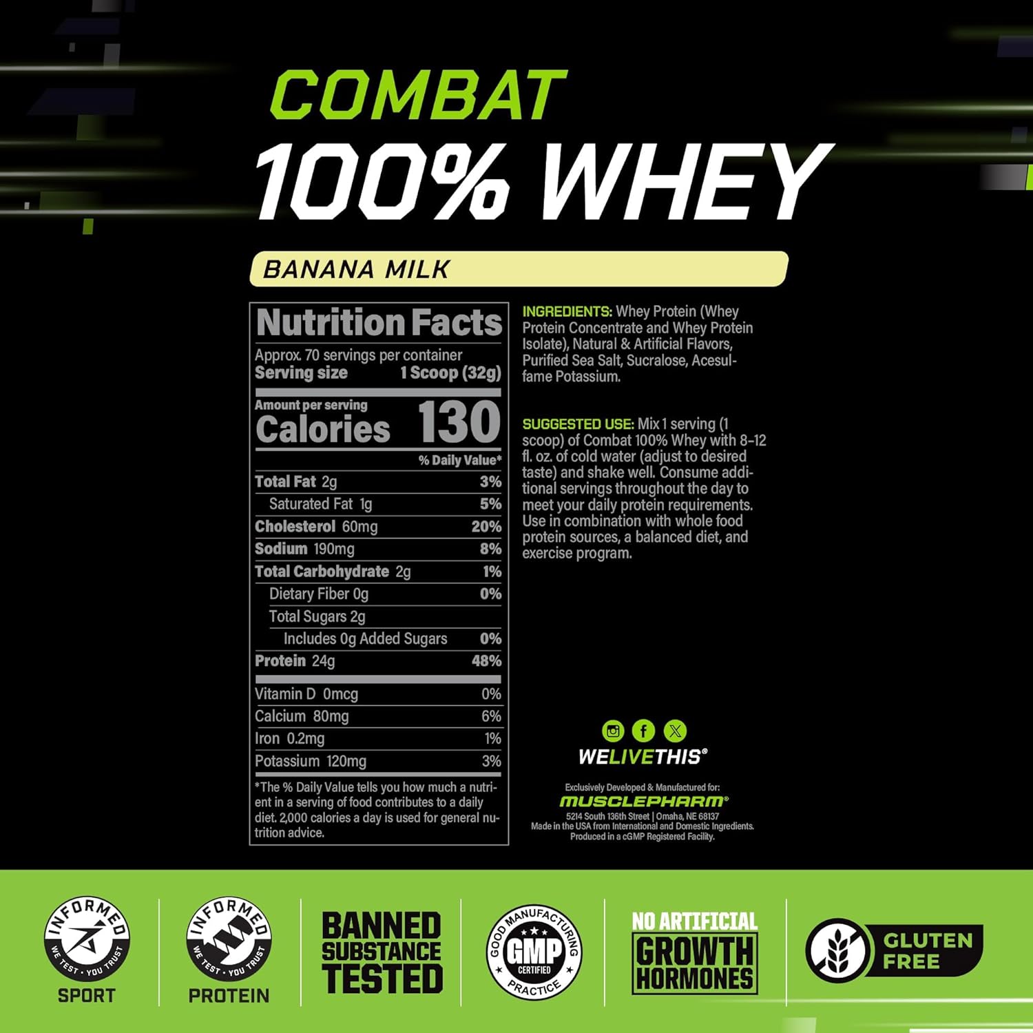 MusclePharm Combat 100% Whey Protein Powder, Banana Milk Flavor, Fast Recovery - View 2