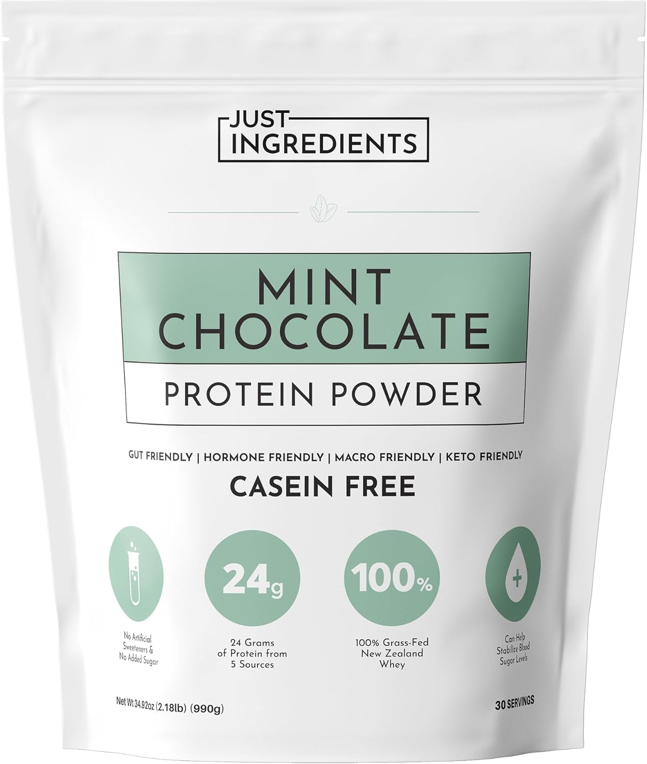 JUST INGREDIENTS Mint Chocolate Protein Powder – 30 Serving Bag – Grass-Fed