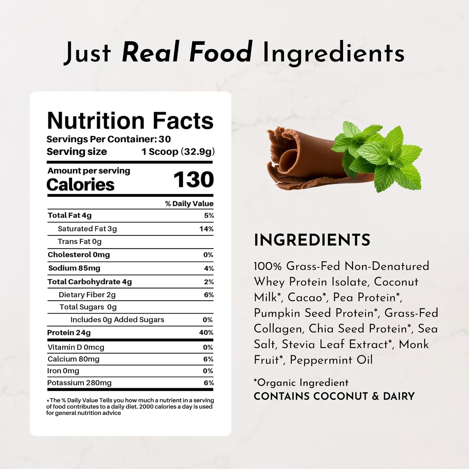 JUST INGREDIENTS Mint Chocolate Protein Powder – 30 Serving Bag – Grass-Fed - View 2