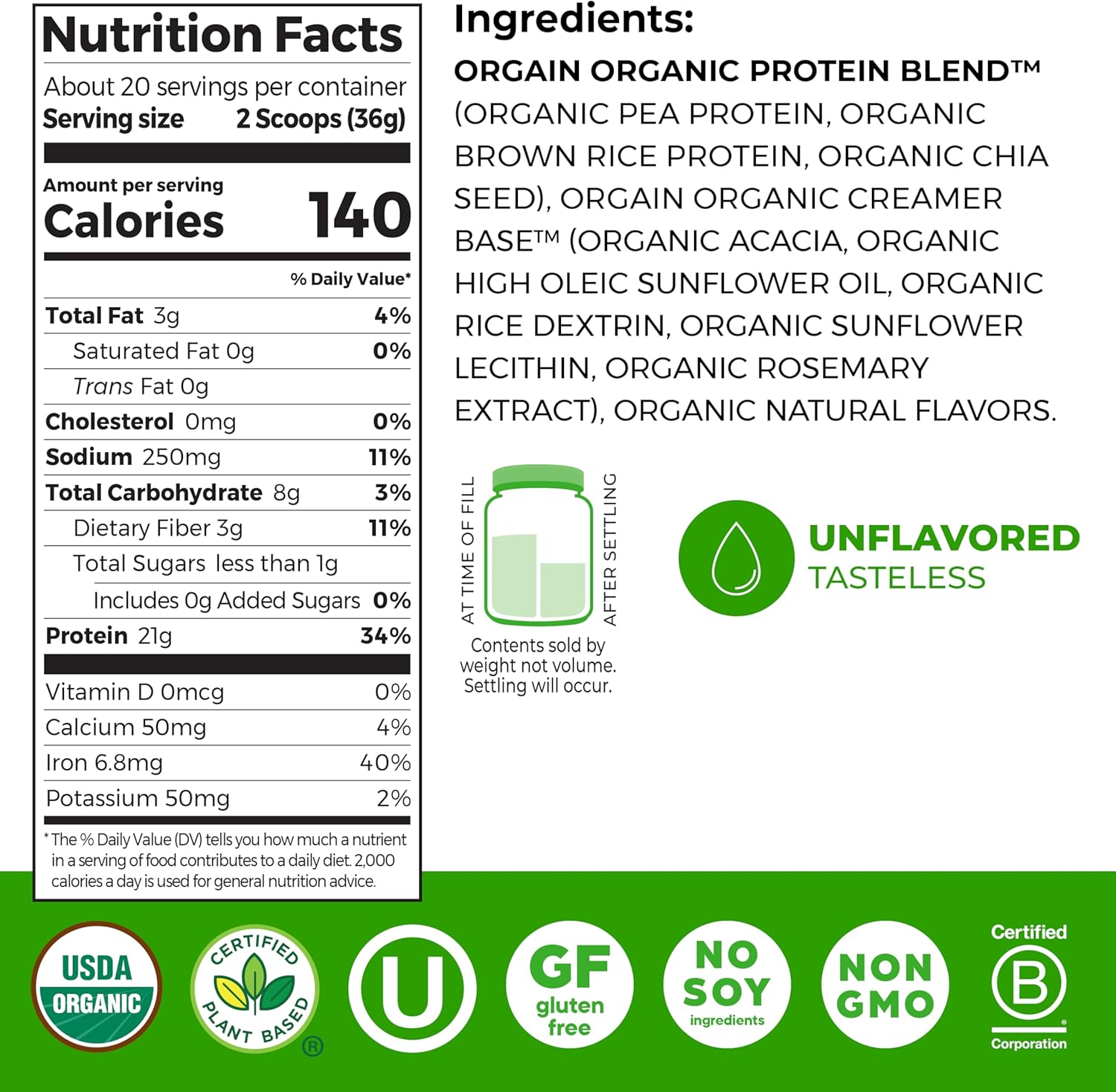 Orgain Organic Vegan Protein Powder, Natural Unsweetened - 21g of Unflavored - View 2