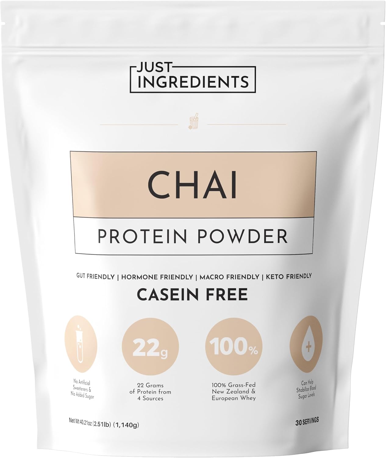 JUST INGREDIENTS Chai Protein Powder – 30-Serving Blend with 100% Grass-Fed
