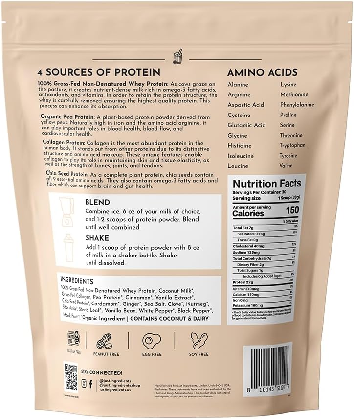 JUST INGREDIENTS Chai Protein Powder – 30-Serving Blend with 100% Grass-Fed - View 2