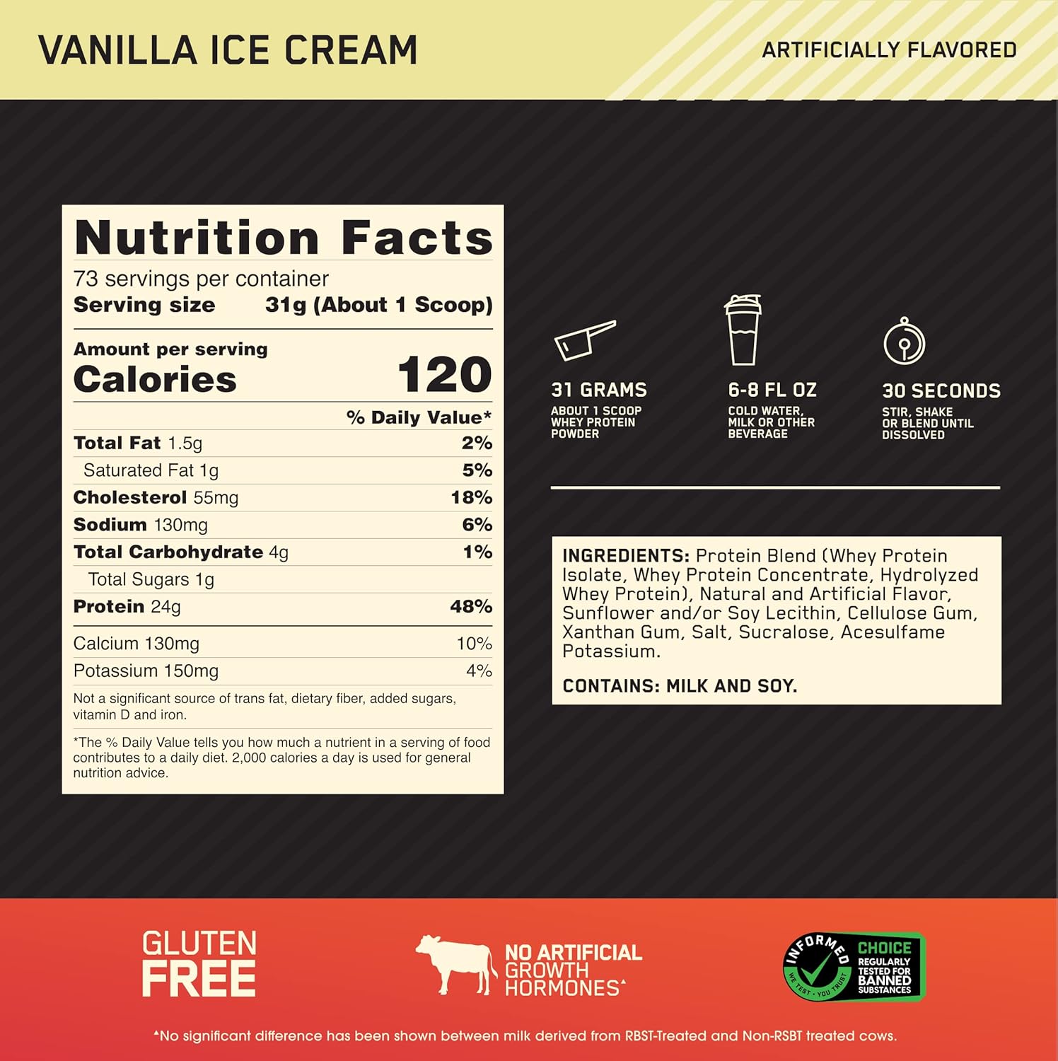 Optimum Nutrition Gold Standard 100% Whey Protein Powder, Vanilla Ice Cream, 5 - View 3