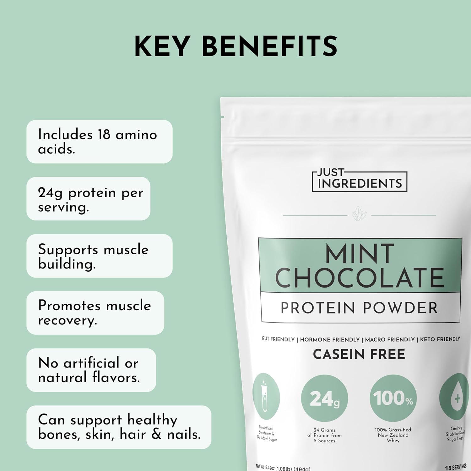 Mint Chocolate Protein Powder | 15 Servings | 24g Grass-Fed New Zealand Whey + - View 3