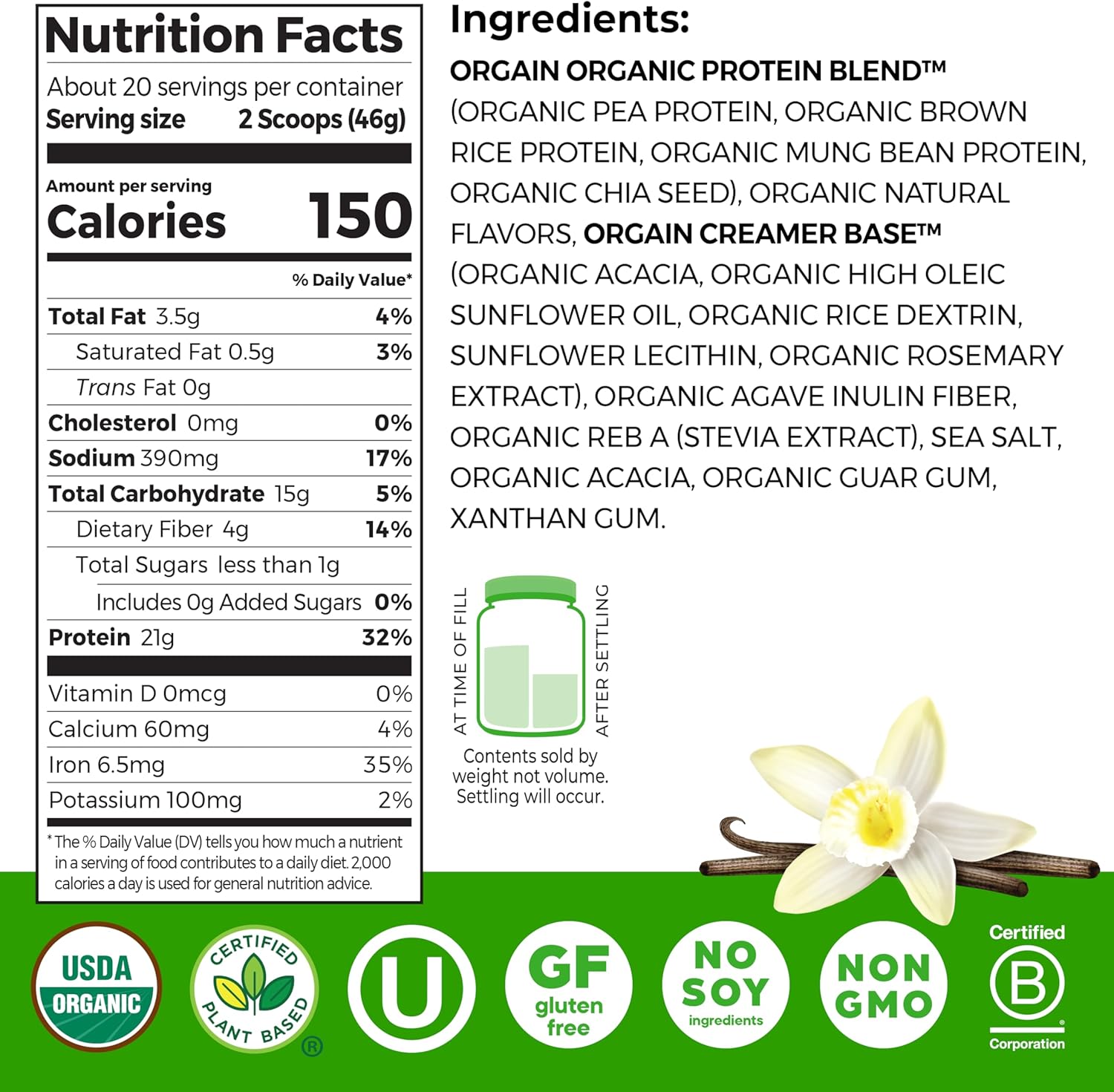 Orgain Organic Vegan Protein Powder, Vanilla Bean - 21g Plant Protein, 6g - View 2