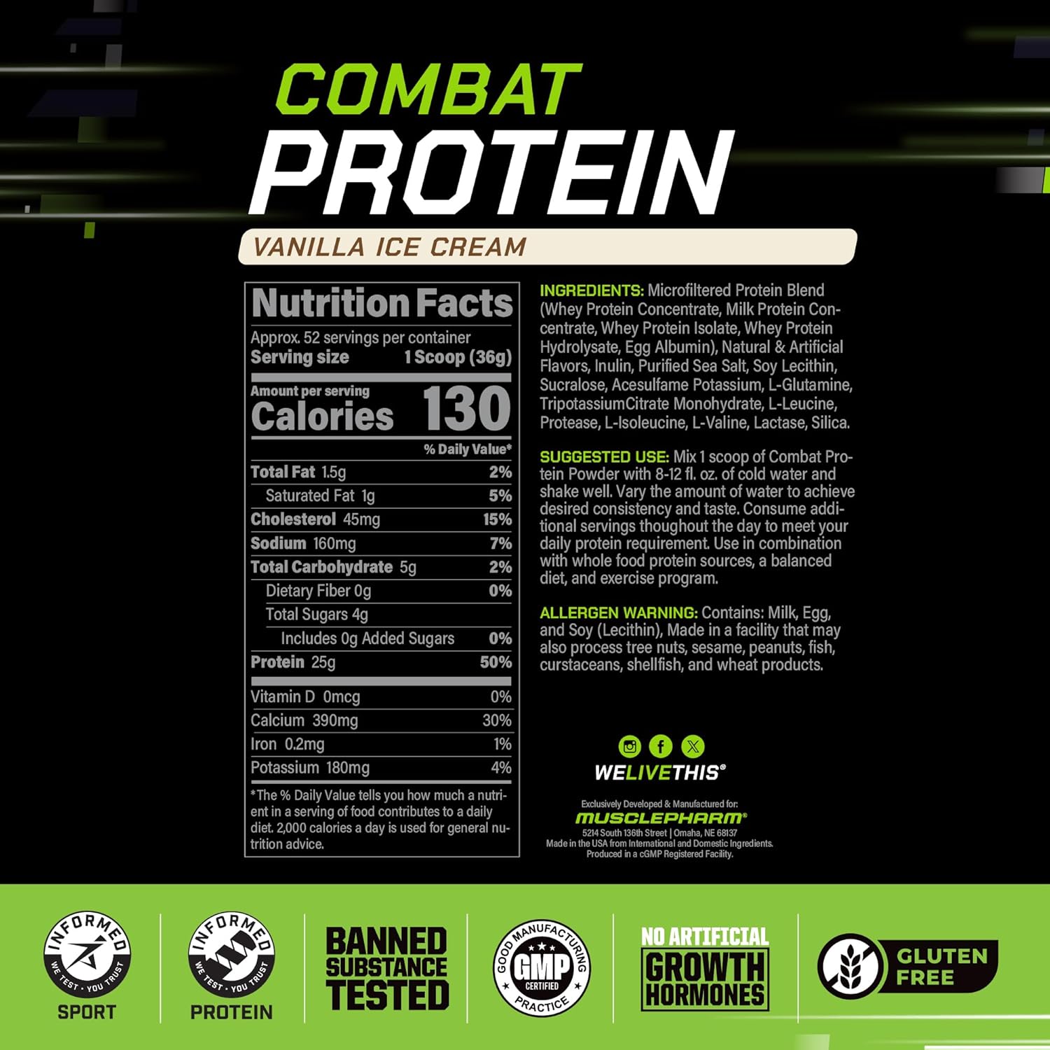MusclePharm Combat Protein Powder, Vanilla Flavor, Fuels Muscles for Productive - View 3