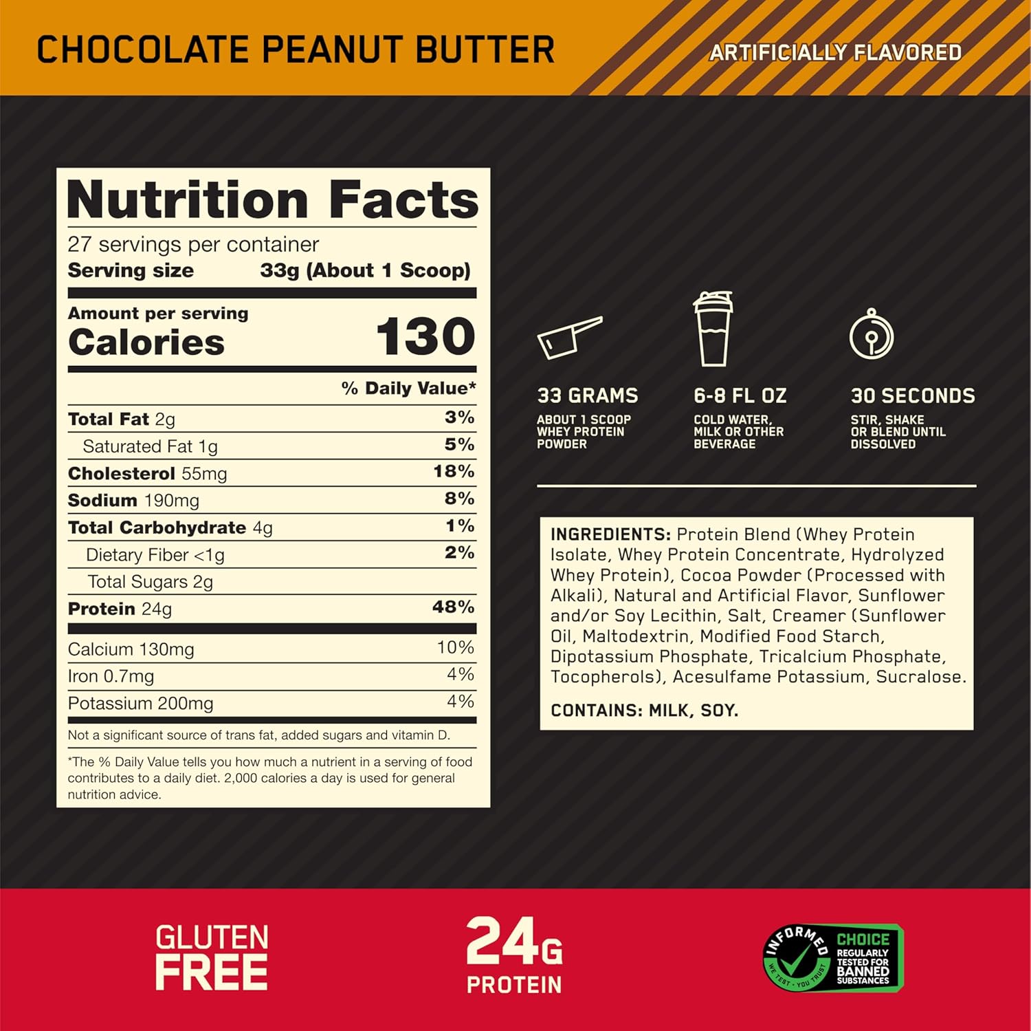 Optimum Nutrition Gold Standard 100% Whey Protein Powder, Chocolate Peanut - View 3