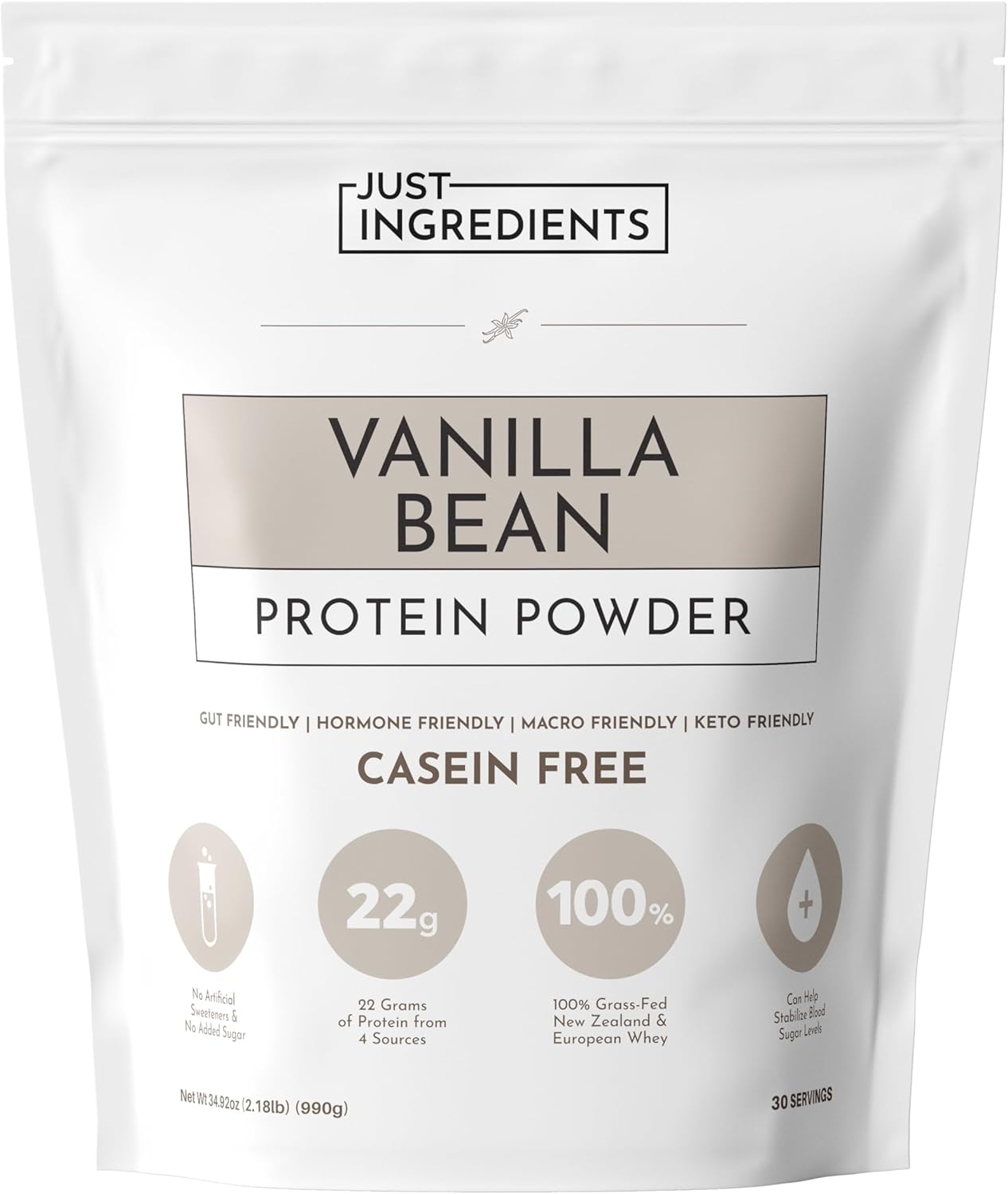 JUST INGREDIENTS Vanilla Bean Protein Powder – 30-Serving Blend with 100%