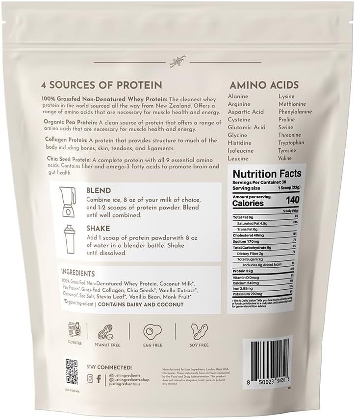 JUST INGREDIENTS Vanilla Bean Protein Powder – 30-Serving Blend with 100% - View 2