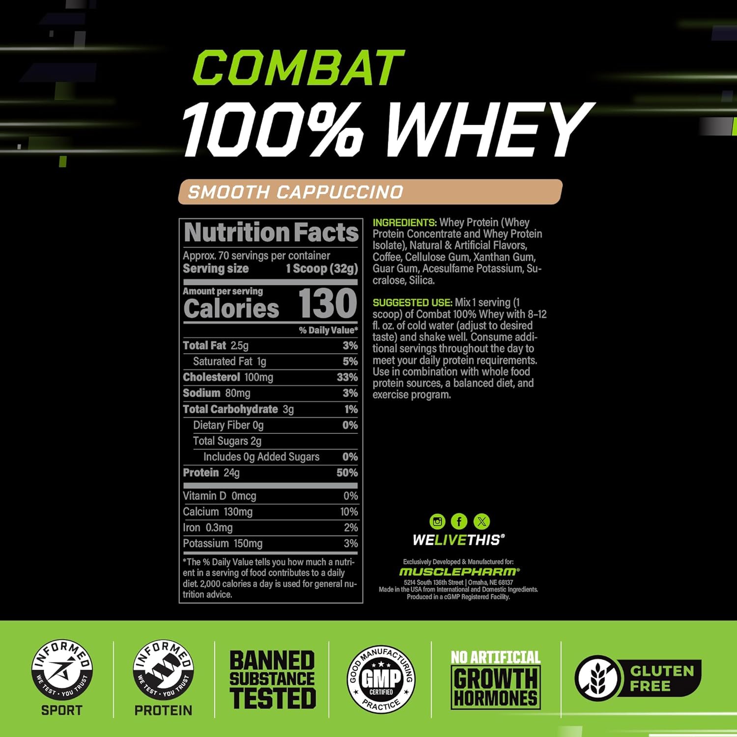 MusclePharm Combat 100% Whey Protein Powder, Cappuccino Flavor, Fast Recovery & - View 2