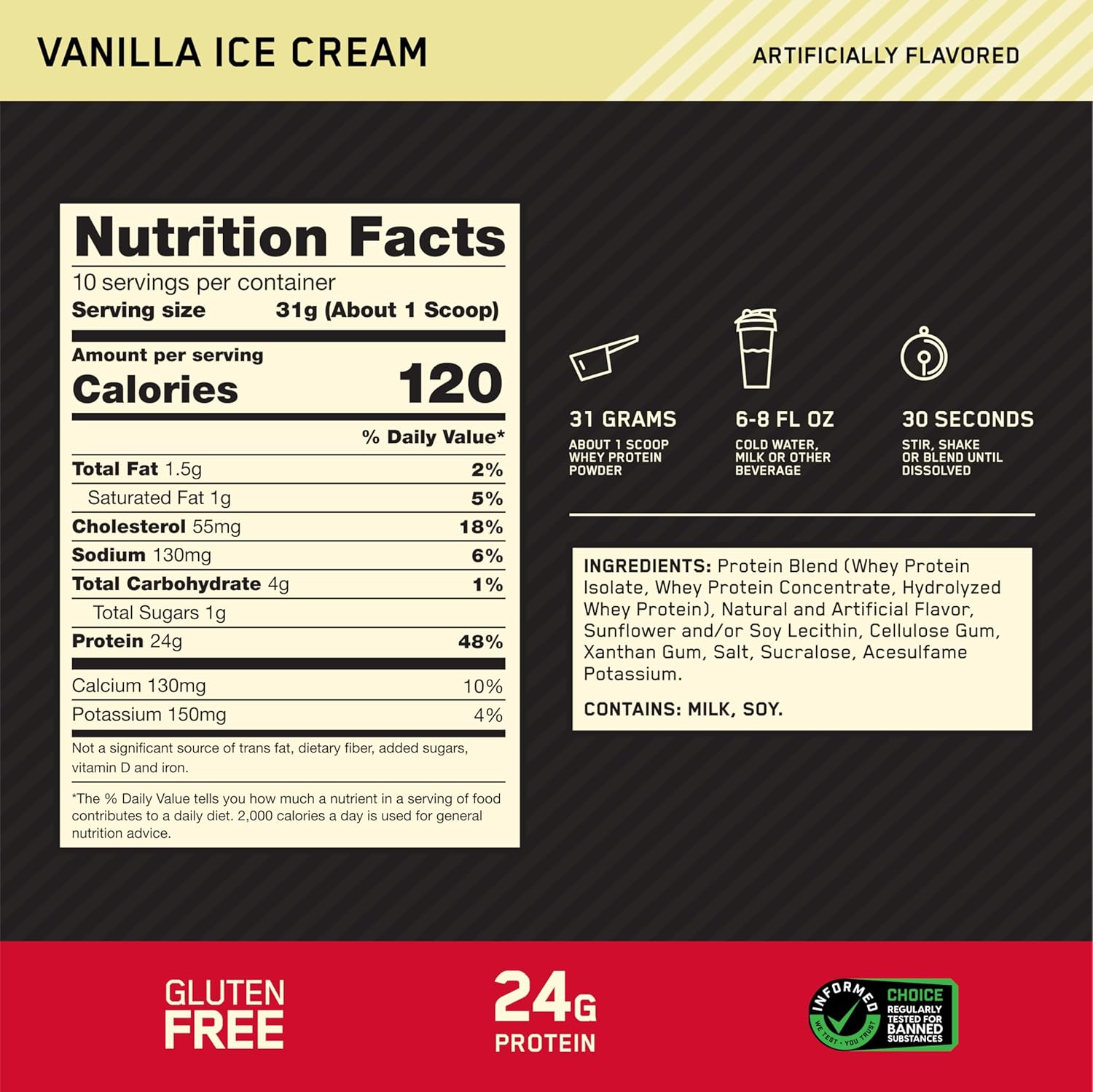 Optimum Nutrition Gold Standard 100% Whey Protein Powder, Vanilla Ice Cream, - View 3