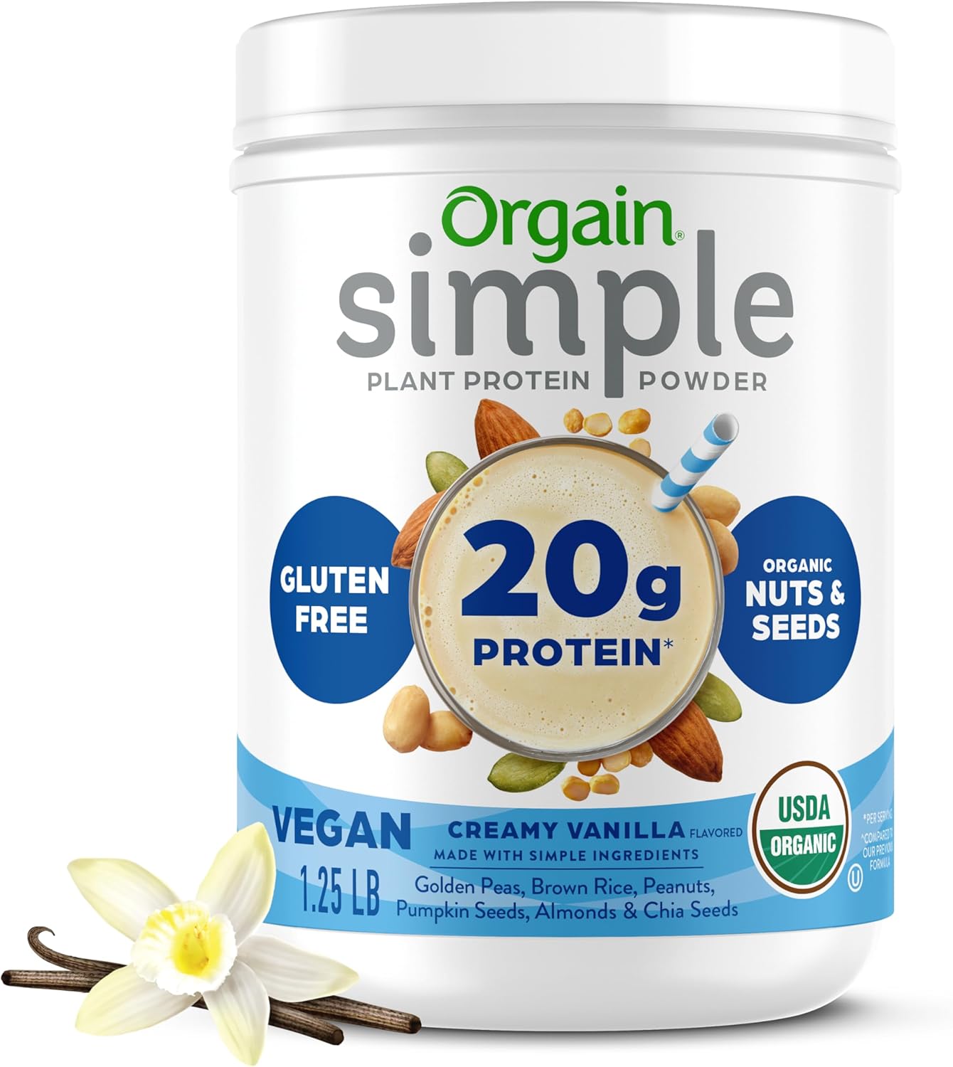 Orgain Organic Simple Vegan Protein Powder, Vanilla - 20g Plant Based Protein,