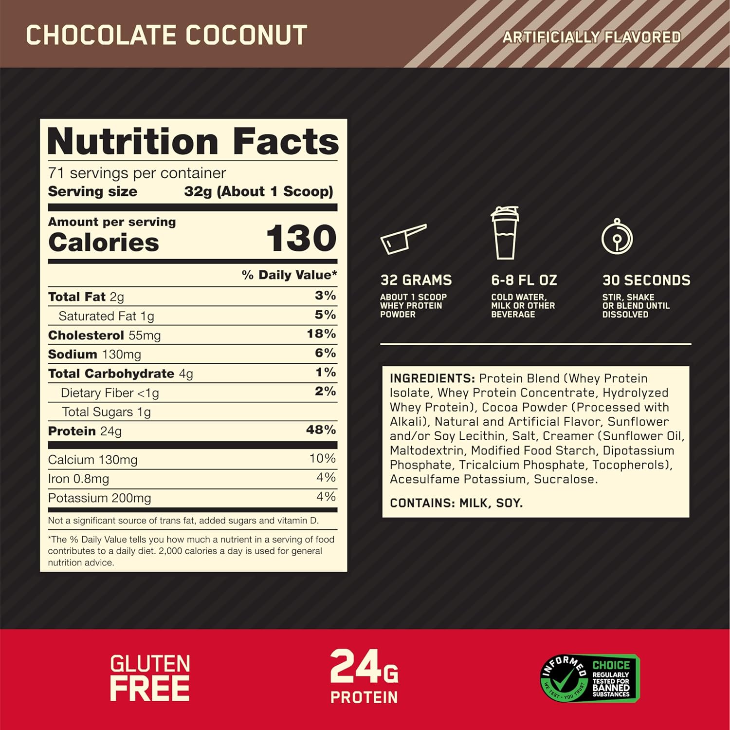 Optimum Nutrition Gold Standard 100% Whey Protein Powder, Chocolate Coconut, 5 - View 4