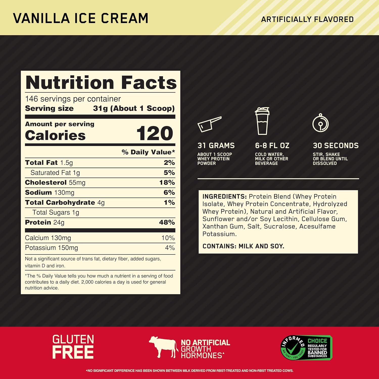 Optimum Nutrition Gold Standard 100% Whey Protein Powder, Vanilla Ice Cream, 10 - View 3